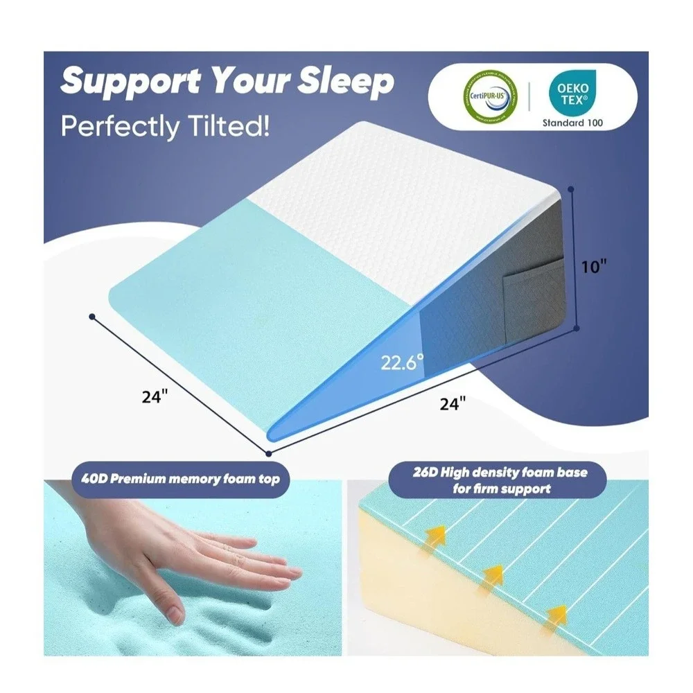 Wedge Pillow for Sleep Apnea, Acid Reflux, Snoring, Cooling Memory Foam,24x24x10